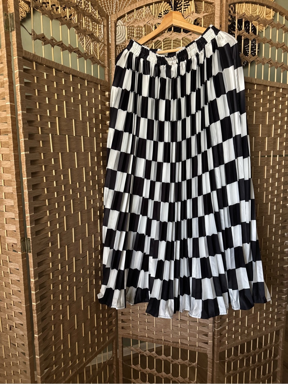 Burnt Toast Black & White Checkered Maxi Skirt with Elastic Waistband